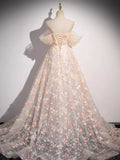Ndyad Off Shoulder Lace Tulle Long Prom Dress, Pink Long Formal Dress HZ1024