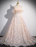 Ndyad Off Shoulder Lace Tulle Long Prom Dress, Pink Long Formal Dress HZ1024