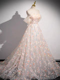 Ndyad Off Shoulder Lace Tulle Long Prom Dress, Pink Long Formal Dress HZ1024