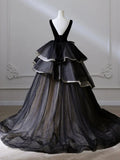 Ndyad V Neck Tulle Long Prom Dress, Black Long Evening Dress HZ1024
