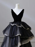 Ndyad V Neck Tulle Long Prom Dress, Black Long Evening Dress HZ1024