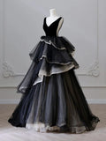 Ndyad V Neck Tulle Long Prom Dress, Black Long Evening Dress HZ1024