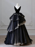 Ndyad V Neck Tulle Long Prom Dress, Black Long Evening Dress HZ1024