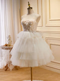 Ndyad Sweetheart Neck Tulle Short Prom Dress, Beige Homecoming Dress HZ1024