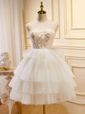 Ndyad Sweetheart Neck Tulle Short Prom Dress, Beige Homecoming Dress HZ1024
