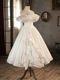 Ndyad A-Line Tea Length Ivory Prom Dress, White Wedding Party Dress HZ1024