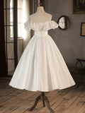Ndyad A-Line Tea Length Ivory Prom Dress, White Wedding Party Dress HZ1024