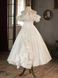 Ndyad A-Line Tea Length Ivory Prom Dress, White Wedding Party Dress HZ1024