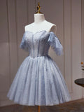 Ndyad Tulle Dusty Blue Short Prom Dress, Dusty Blue Homecoming Dress HZ1024