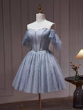 Ndyad Tulle Dusty Blue Short Prom Dress, Dusty Blue Homecoming Dress HZ1024