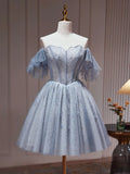 Ndyad Tulle Dusty Blue Short Prom Dress, Dusty Blue Homecoming Dress HZ1024
