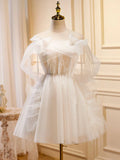 Ndyad Champagne Tulle Short Prom Dress, Champagne Homecoming Dresses HZ1024