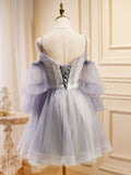 Ndyad Purple A-Line Lace Tulle Short Prom Dress, Light Purple Homecoming Dress HZ1024