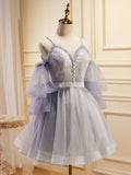 Ndyad Purple A-Line Lace Tulle Short Prom Dress, Light Purple Homecoming Dress HZ1024