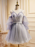 Ndyad Purple A-Line Lace Tulle Short Prom Dress, Light Purple Homecoming Dress HZ1024