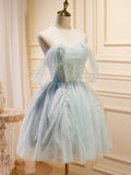 Ndyad Tulle Off Shoulder Green Short Prom Dress, Green Cute Homecoming Dresses HZ1024