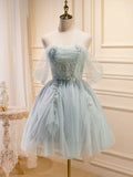 Ndyad Tulle Off Shoulder Green Short Prom Dress, Green Cute Homecoming Dresses HZ1024