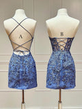 Ndyad Sweetheart Neck Lace Short Prom Dress, Blue Homecoming Dress HZ1024