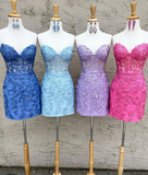 Ndyad Sweetheart Neck Lace Short Prom Dress, Blue Homecoming Dress HZ1024