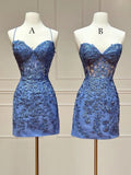 Ndyad Sweetheart Neck Lace Short Prom Dress, Blue Homecoming Dress HZ1024