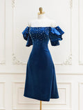 Ndyad Velvet off-the-shoulder Beads Short Prom Dress, Black Evening Dress HZ1024