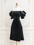 Ndyad Velvet off-the-shoulder Beads Short Prom Dress, Black Evening Dress HZ1024