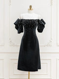 Ndyad Velvet off-the-shoulder Beads Short Prom Dress, Black Evening Dress HZ1024