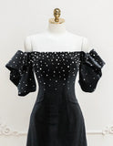 Ndyad Velvet off-the-shoulder Beads Short Prom Dress, Black Evening Dress HZ1024