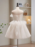Ndyad Tulle Sequin Short Prom Dress, Beige Homecoming Dress HZ1024