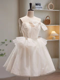 Ndyad Tulle Sequin Short Prom Dress, Beige Homecoming Dress HZ1024