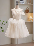 Ndyad Tulle Sequin Short Prom Dress, Beige Homecoming Dress HZ1024