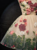 Evafashion 3D Flower Tulle Short Prom Dress, Cute Champagne Homecoming Dress HZ1024