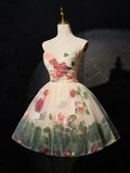 Evafashion 3D Flower Tulle Short Prom Dress, Cute Champagne Homecoming Dress HZ1024