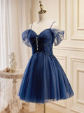 Ndyad Blue A-Line Short Prom Dresses, Dark Blue Homecoming Dress HZ1024