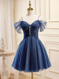 Ndyad Blue A-Line Short Prom Dresses, Dark Blue Homecoming Dress HZ1024
