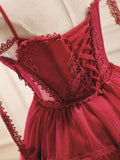 Ndyad Burgundy Tulle Lace Short Prom Dresses, Burgundy Homecoming Dresses HZ1024