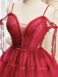 Ndyad Burgundy Tulle Lace Short Prom Dresses, Burgundy Homecoming Dresses HZ1024