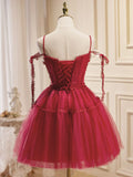 Ndyad Burgundy Tulle Lace Short Prom Dresses, Burgundy Homecoming Dresses HZ1024