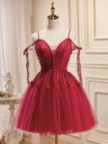 Ndyad Burgundy Tulle Lace Short Prom Dresses, Burgundy Homecoming Dresses HZ1024
