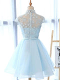 Ndyad line High Neck Lace Blue Short Prom Dress, Blue Homecoming Dress HZ1024