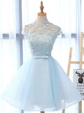 Ndyad line High Neck Lace Blue Short Prom Dress, Blue Homecoming Dress HZ1024