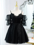 Ndyad A-Line Tulle Lace Short Prom Dress, Black Homecoming Dresses HZ1024