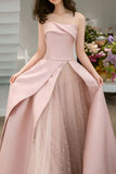 Ndyad Satin Tulle Pink Long Prom Dress, Pink Long Formal Dress HZ1024