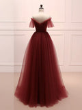 Ndyad Burgundy Tulle Long Prom Dress, Burgundy Long Evening Dress HZ1024