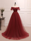 Ndyad Burgundy Tulle Long Prom Dress, Burgundy Long Evening Dress HZ1024
