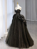 Ndyad Sweetheart Neck Satin Tulle Long Prom Dress, Black Long Formal Dress HZ1024