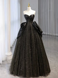 Ndyad Sweetheart Neck Satin Tulle Long Prom Dress, Black Long Formal Dress HZ1024