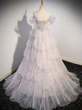 Ndyad Off Shoulder Tulle Sequin Light Pink Long Prom Dress,Sequin Long Evening Dress HZ1024