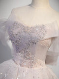 Ndyad Off Shoulder Tulle Sequin Light Pink Long Prom Dress,Sequin Long Evening Dress HZ1024