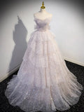 Ndyad Off Shoulder Tulle Sequin Light Pink Long Prom Dress,Sequin Long Evening Dress HZ1024